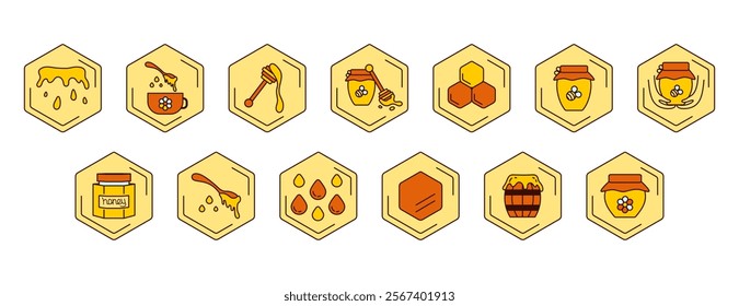 Vector Set icons with honey and products. Options for using honey. Bee, viscous honey jar, liquid, drops, wooden sticks, jars honeycombs, barrel honey.