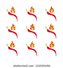 Vector Set of Icons Hot Chili Pepper, Red Pepper and Different Fire, Isolated on White Background Illustration, Colorful Spiciness Sign, Spicy Food.