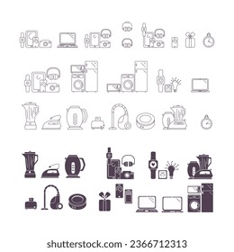 Vector set of icons of household appliances and electronics. Linear and silhouettes. Technology.