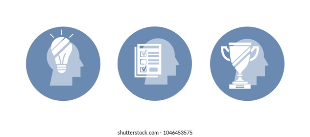 Vector set of icons: idea, test, winner. Abstract stencil on head silhouette