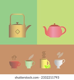 Vector set of icons and illustrations in flat style - tea infusion infographics - hot drinks in different bright cups and mugs.