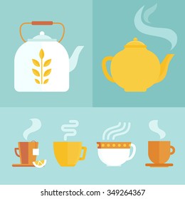 Vector set of icons and illustrations in flat style - tea infusion infographics - hot drinks in different bright cups and mugs