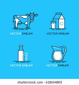 Vector set of icons, illustrations and logo design elements in trendy linear style and blue and white colors - milk and dairy products - emblems for food and drink packaging