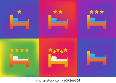 Vector set of icons or illustrations showing bed in hotel room in brutalism style