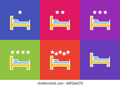 Vector set of icons or illustrations showing bed in hotel room in outline style