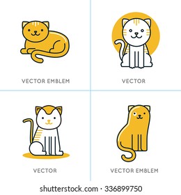 Vector set of icons and illustrations in trendy linear style - smiling and friendly cats - logo design templates for pet shops, stores or shelters