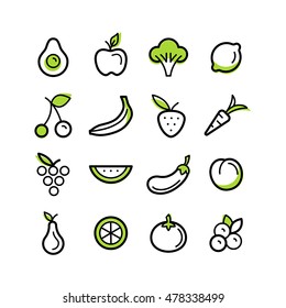 Vector set of icons and illustrations in trendy linear style - healty, organic and vegan food collection - fruits and vegetables on white background 