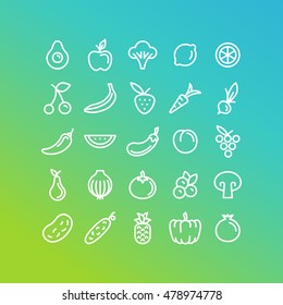 Vector set of icons and illustrations in trendy linear style - healthy, organic and vegan food collection - fruits and vegetables on green background