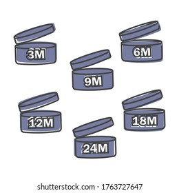 Vector set of icons indicating the period of the product after the opening. Expiration date after opening the package cartoon style on white isolated background.