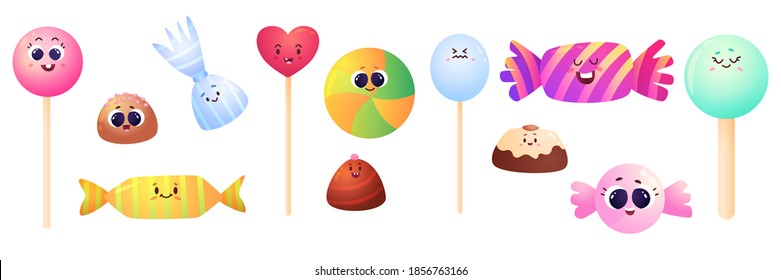 Vector set icons in kawaii style. Cute sweet funny candys and lollipops with smiling face. isolated on white background.