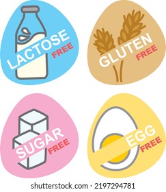 Vector set of icons with lactose, gluten, egg, sugar free. Organic signs. Illustration design templates for healthy food labels