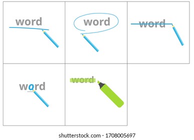 Vector set of icons of language exercises. Circle, underline, cross out, complete, higlight an English word. Language icons. 