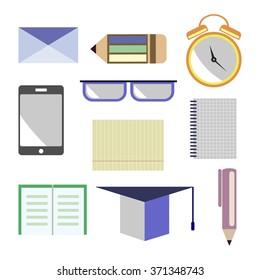 Vector set of icons. Letter, glasses, alarm clock, pen, pencil, notebook, paper, smart phone, academic cap. Isolated on the white background.