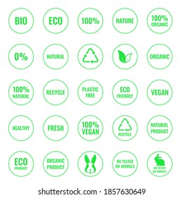 Conjunto de vectores de iconos. Letras, ilustraciones en un círculo verde sobre el tema de productos ecológicos, biológicos, naturales y saludables, seguros para los veganos. Plantilla de diseño para sitios web, redes sociales.