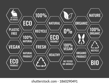 Conjunto de vectores de iconos. Letras, ilustraciones en un hexagonal verde sobre el tema de ecología, bio, productos naturales y saludables, seguro para los veganos. Plantilla de diseño para sitios web, redes sociales.