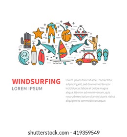 Vector set of icons line for windsurfing. Board with a sail, wetsuit, surfboard, wave, sail. For outdoor enthusiasts of the sea and an active lifestyle. Family summer vacation.