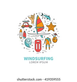 Vector set of icons line for windsurfing. Board with a sail, wetsuit, wave.  For outdoor enthusiasts of the sea and an active lifestyle. Family summer vacation.