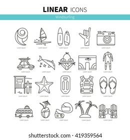 Vector set of icons line for windsurfing. Board with a sail, wetsuit, surfboard, wave, sail. For outdoor enthusiasts of the sea and an active lifestyle. Family summer vacation.