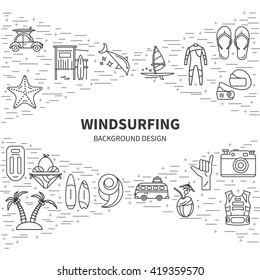 Vector set of icons line for windsurfing. Board with a sail, wetsuit, surfboard, wave, sail. For outdoor enthusiasts of the sea and an active lifestyle. Family summer vacation.