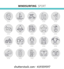Vector set of icons line for windsurfing. Board with a sail, wetsuit, surfboard, wave, sail. For outdoor enthusiasts of the sea and an active lifestyle. Family summer vacation.