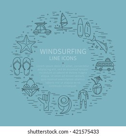 Vector set of icons line for windsurfing. Board with a sail, wetsuit, surfboard, wave, sail. For outdoor enthusiasts of the sea and an active lifestyle. Family summer vacation.