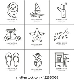 Vector set of icons line for windsurfing. Board with a sail, wetsuit, surfboard, wave, sail. For outdoor enthusiasts of the sea and an active lifestyle. Family summer vacation.