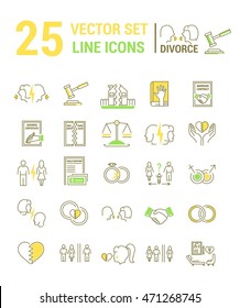 Vector set of icons in linear design. Divorce and the legal process. Elements of property division, child custody, alimony, infidelity, lawsuits and divorce. template for website, advertising.