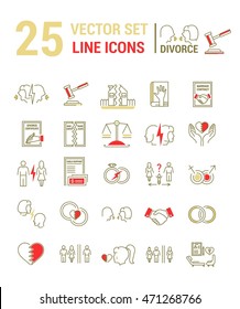 Vector set of icons in linear design. Divorce and the legal process. Elements of property division, child custody, alimony, infidelity, lawsuits and divorce. template for website, advertising.