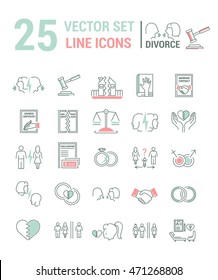 Vector set of icons in linear design. Divorce and the legal process. Elements of property division, child custody, alimony, infidelity, lawsuits and divorce. template for website, advertising.