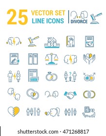 Vector set of icons in linear design. Divorce and the legal process. Elements of property division, child custody, alimony, infidelity, lawsuits and divorce. template for website, advertising.