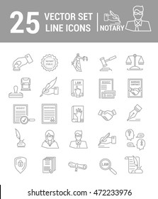 Vector set of icons in a linear design. Notary and notary office. Set of elements of legal Affairs, certification of papers, certificates, contracts, documents. Template for website, app, stamp.