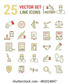 Vector set of icons in a linear design. Notary and notary office. Set of elements of legal Affairs, certification of papers, certificates, contracts, documents. Template for website, app, stamp.