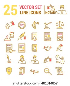 Vector set of icons in a linear design. Notary and notary office. Set of elements of legal Affairs, certification of papers, certificates, contracts, documents. Template for website, app, stamp.