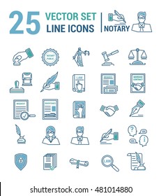 Vector set of icons in a linear design. Notary and notary office. Set of elements of legal Affairs, certification of papers, certificates, contracts, documents. Template for website, app, stamp.