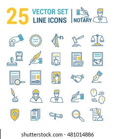 Vector set of icons in a linear design. Notary and notary office. Set of elements of legal Affairs, certification of papers, certificates, contracts, documents. Template for website, app, stamp.