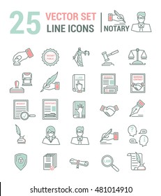 Vector set of icons in a linear design. Notary and notary office. Set of elements of legal Affairs, certification of papers, certificates, contracts, documents. Template for website, app, stamp.