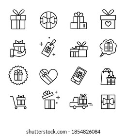 Vector set with icons. Linear icons with gift holiday theme . Various gift boxes. Sales, shopping, shipping and coupons.