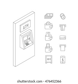 Vector set of icons in linear style on the subject of money, Finance, banking, ATMs