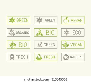 Vector set of icons and logo design elements for food and product packaging related to green technologies, ecological, natural and fresh symbols - linear icons and badges