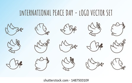 Vector set icons logo of peace doves holding olive branches. Peace day concept clean logo design with pigeons minimalist style. 