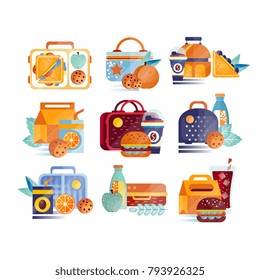 Vector set of icons with lunch boxes and bags with food and drinks. Hamburgers, sandwiches, cookies, juice, coffee, fruits. Lunchtime or breakfast concept. Flat design