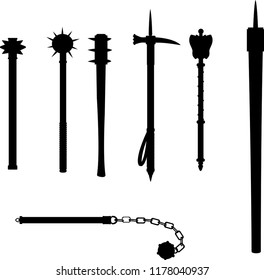Vector set of icons medieval blunt weapon  outline isolated on white background. The club-like weapons for melee combat in historical or fantasy style.