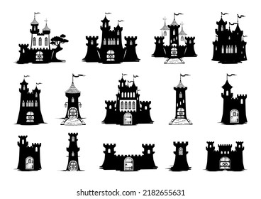 Vector set of icons of medieval castles. Castles with towers, fortified walls, gates, weather vanes and tiled roofs. Silhouettes of ancient architecture.