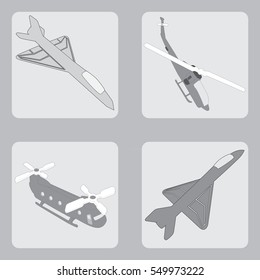 Vector set of icons with military aircraft and helicopters