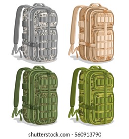 Vector set icons Military Camouflage Backpacks, gray Army rucksack, khaki camo big knapsack bag with strap, green large camouflage infantry backpack for armed forces, logo military haversack for army