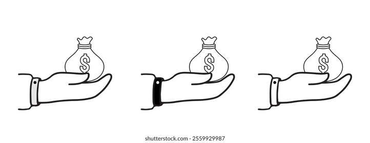 vector set of icons of Money bag on hand a symbol for charity investment or payment