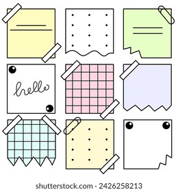 Vector set of icons with notes and stickers in color and black and white. Paper clips, tape, stickers, sheets