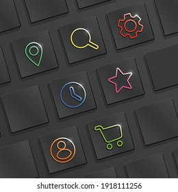 Vector set of icons on a black keyboard. Settings, favorites, pin, magnifier, shopping cart, personal account, clock on dark volumetric buttons