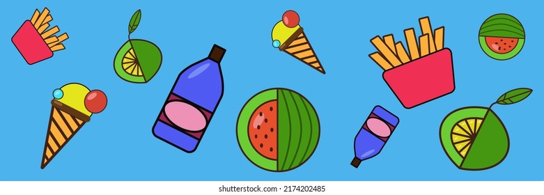 Vector set of icons on a brown background: Ice cream, watermelon, lime, bottle, French fries