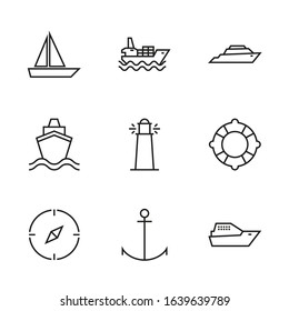 Vector set of icons on the marine theme.  Symbols of transport ships and yachts, sailboat. Thin line style.